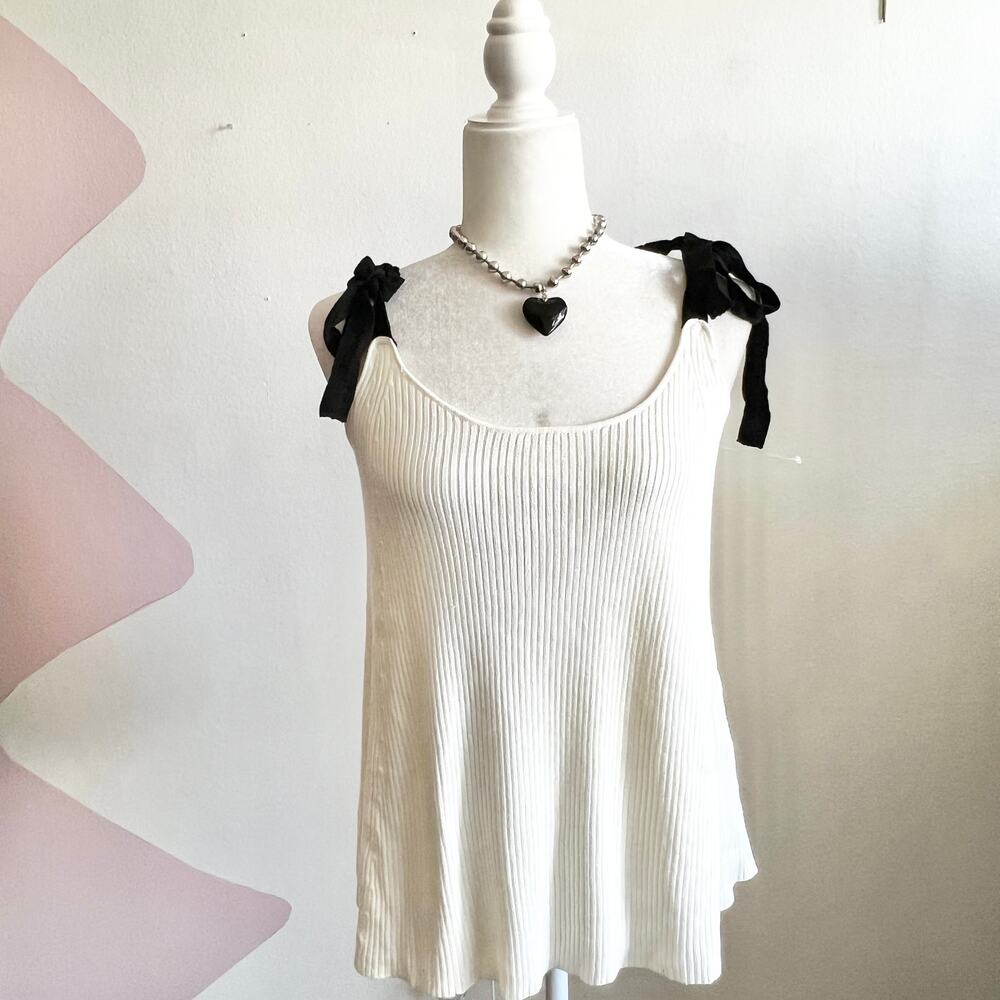 White Ribbed Bow‎ Tank Top Y2K 2000s Coquette Retro Small